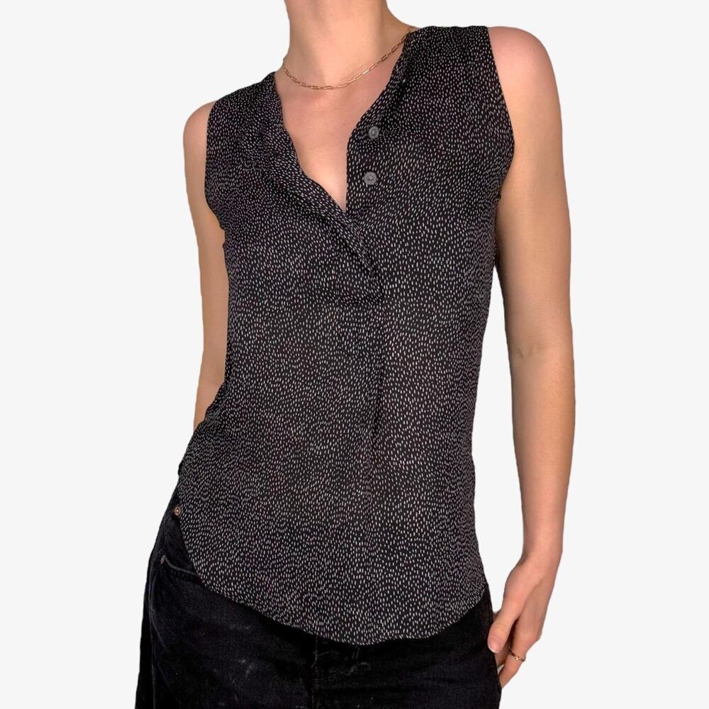 Loft Black tan dotted patterned sleeveless blouse Henley button up - size XXSP